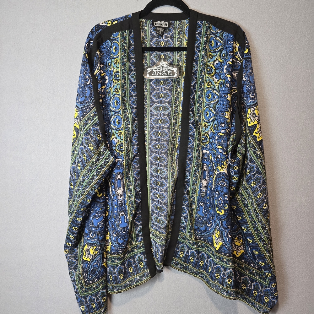 Angie Sheer Open Front Boho Blue and Yellow Paisley Top Small NWT